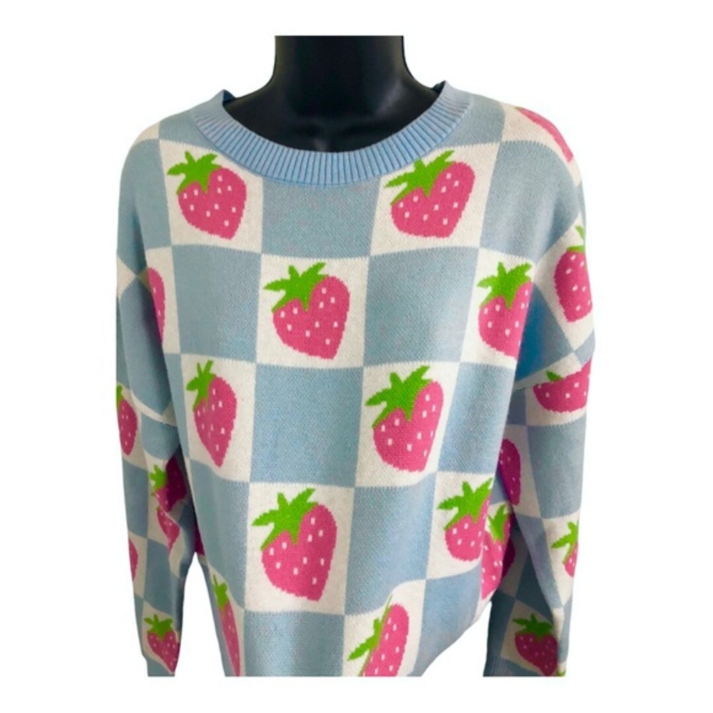 Blue White Strawberry Checkered Pattern Crew Neck… - image 7